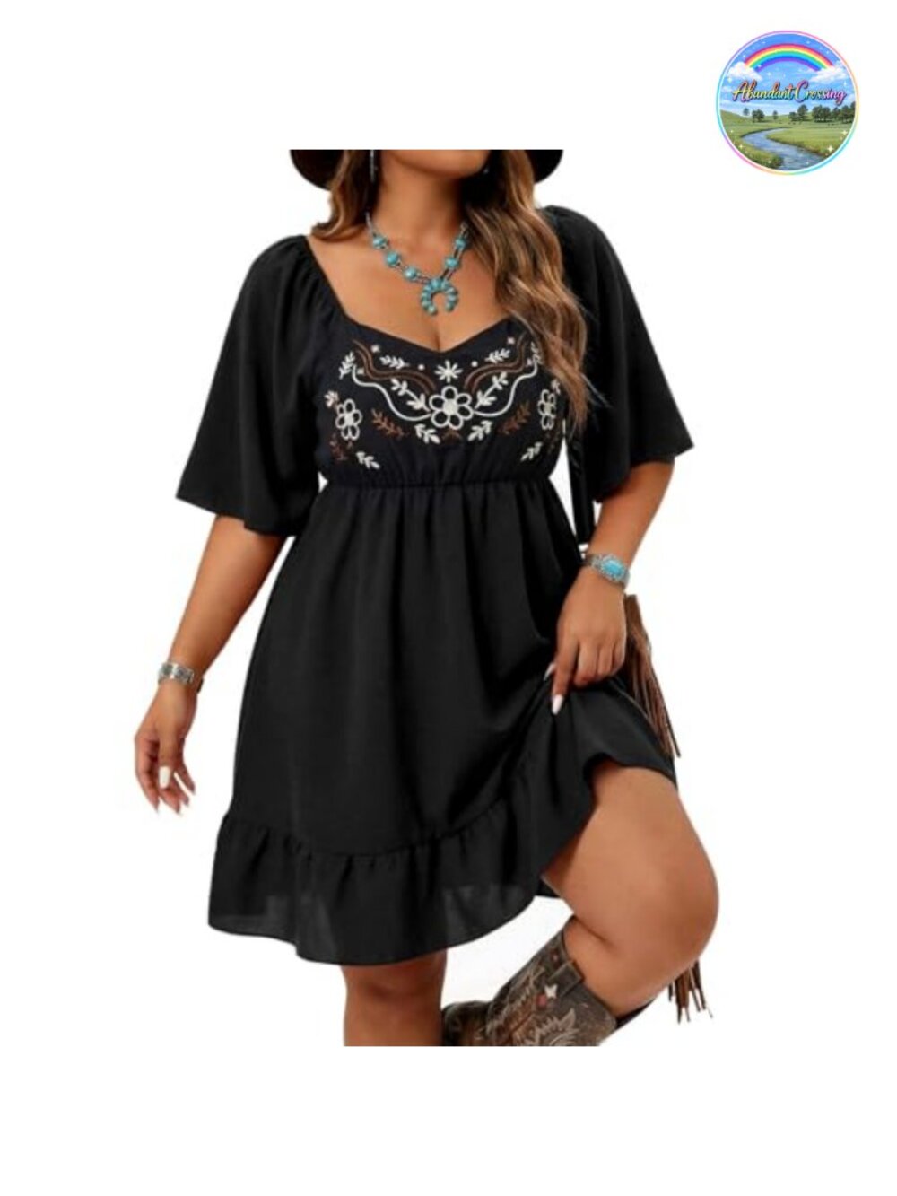 Western Flowy Boho Embroidered Dress Country Cowgirl Outfit